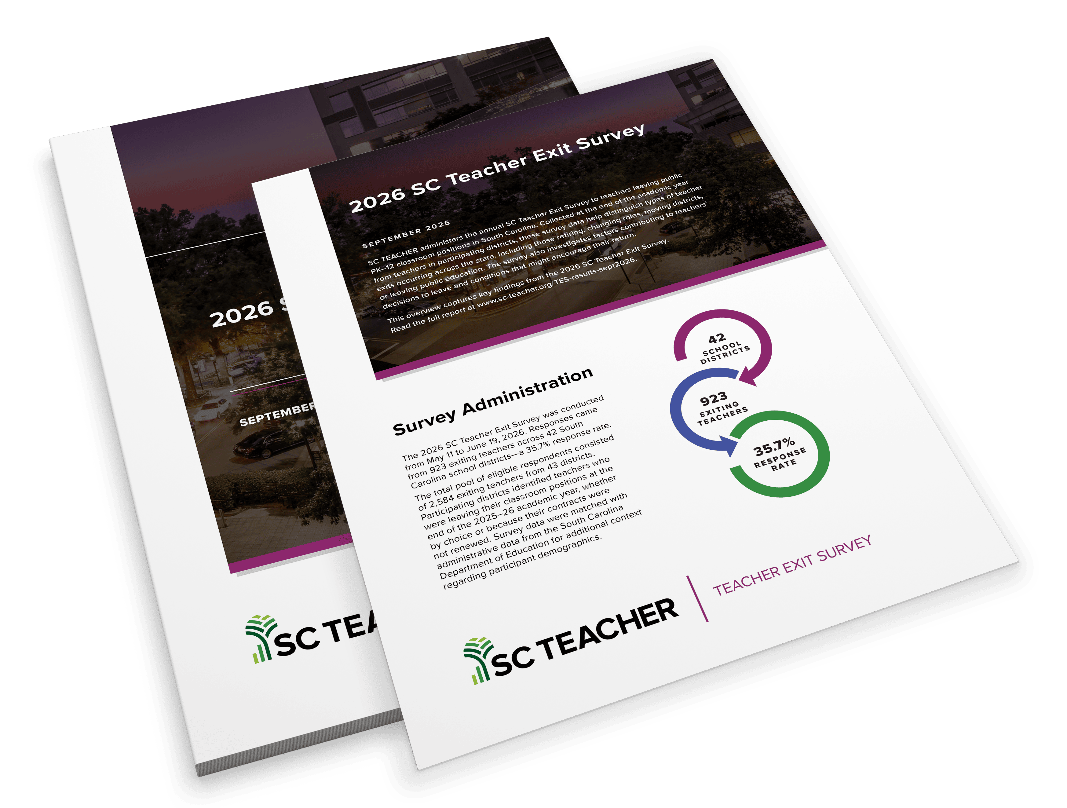 Covers of 2026 SC Teacher Exit Survey report and overview